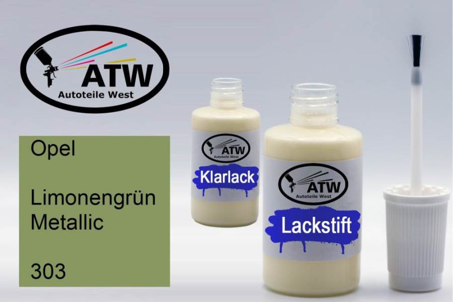 Opel, Limonengrün Metallic, 303: 20ml Lackstift + 20ml Klarlack - Set, von ATW Autoteile West.